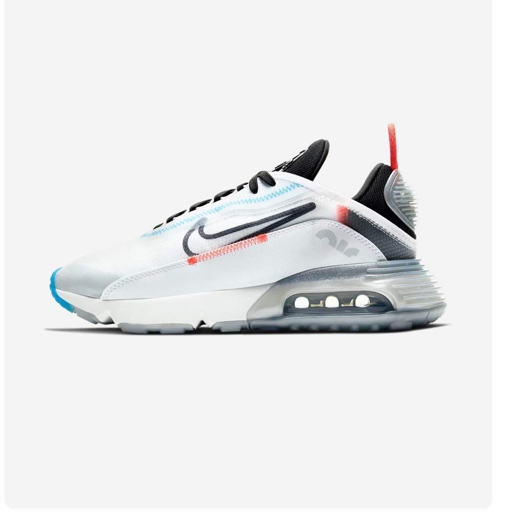 These sneakers are the Nike Air Max 2090 in the 'Pure Platinum' colorway.